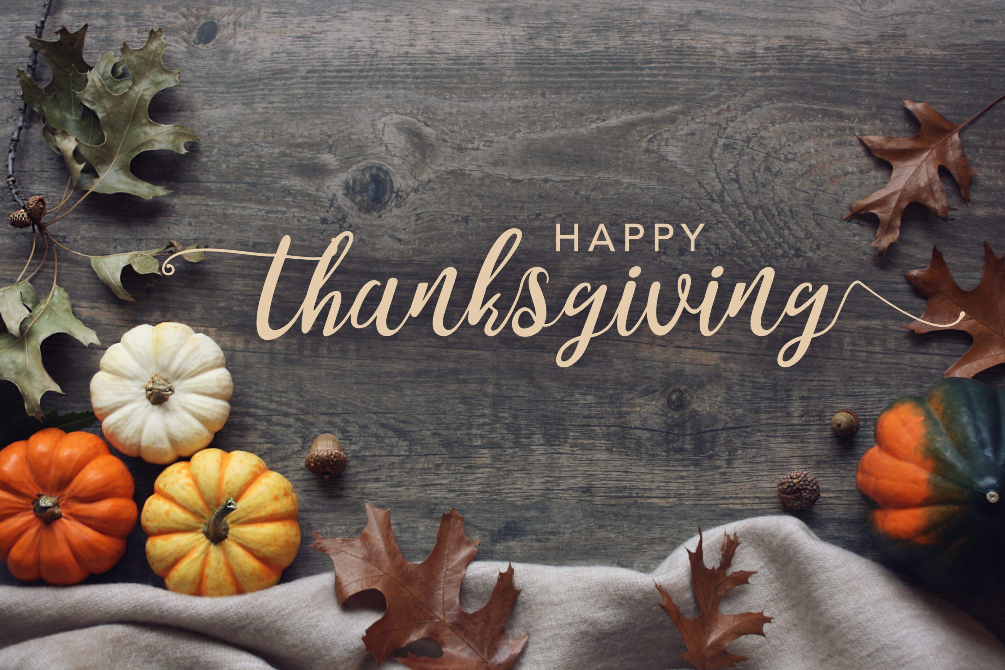 Happy Thanksgiving text with autumn decorations.