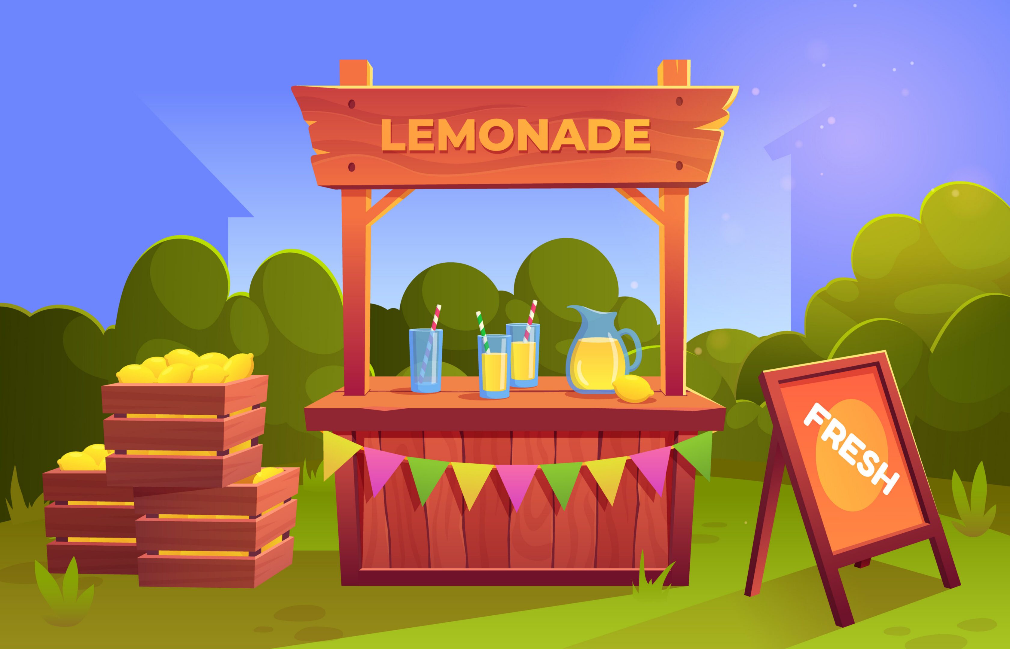 Lemonade stand market with juice for sale cartoon vector. Child shop to sell and buy lemon drink in jar. Kid seller business with sign board to make fresh cocktail behind vintage wooden table