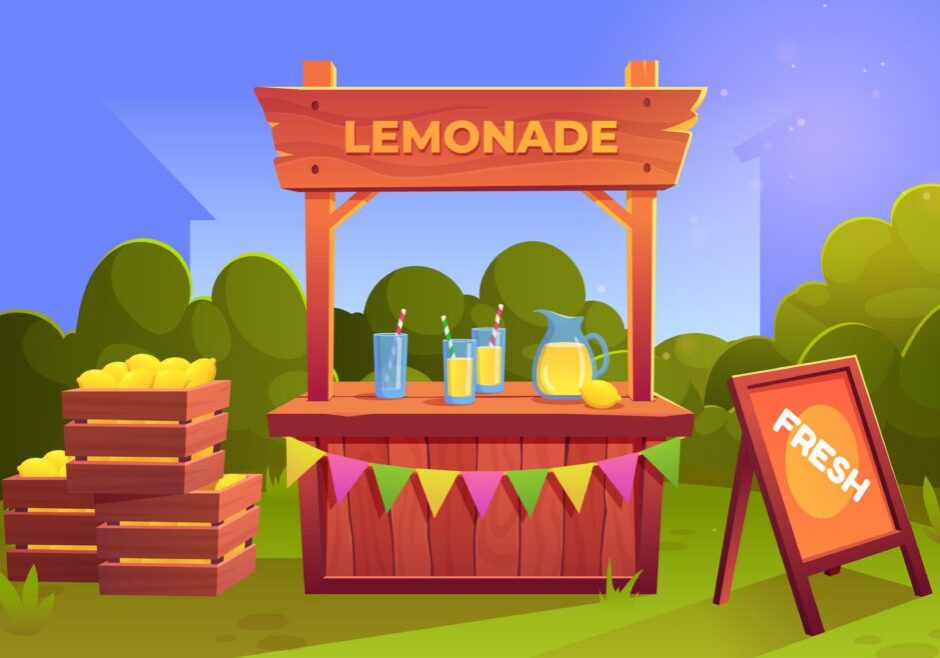 Lemonade stand market with juice for sale cartoon vector. Child shop to sell and buy lemon drink in jar. Kid seller business with sign board to make fresh cocktail behind vintage wooden table